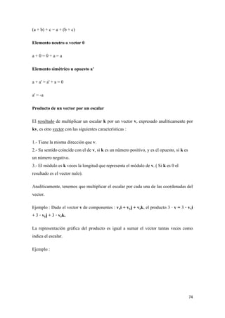 74
(a + b) + c = a + (b + c)
Elemento neutro o vector 0
a + 0 = 0 + a = a
Elemento simétrico u opuesto a'
a + a' = a' + a = 0
a' = -a
Producto de un vector por un escalar
El resultado de multiplicar un escalar k por un vector v, expresado analíticamente por
kv, es otro vector con las siguientes características :
1.- Tiene la misma dirección que v.
2.- Su sentido coincide con el de v, si k es un número positivo, y es el opuesto, si k es
un número negativo.
3.- El módulo es k veces la longitud que representa el módulo de v. ( Si k es 0 el
resultado es el vector nulo).
Analíticamente, tenemos que multiplicar el escalar por cada una de las coordenadas del
vector.
Ejemplo : Dado el vector v de componentes : vxi + vyj + vzk, el producto 3 · v = 3 · vxi
+ 3 · vyj + 3 · vzk.
La representación gráfica del producto es igual a sumar el vector tantas veces como
indica el escalar.
Ejemplo :
 