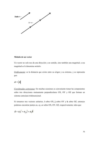 75
Módulo de un vector
Un vector no solo nos da una dirección y un sentido, sino también una magnitud, a esa
magnitud se le denomina módulo.
Gráficamente: es la distancia que existe entre su origen y su extremo, y se representa
por:
Coordenadas cartesianas: En muchas ocasiones es conveniente tomar las componentes
sobre tres direcciones mutuamente perpendiculares OX, OY y OZ que forman un
sistema cartesiano tridimensional.
Si tomamos tres vectores unitarios, i sobre OX, j sobre OY y k sobre OZ, entonces
podemos encontrar puntos ax, ay, az sobre OX, OY, OZ, respectivamente, tales que:
 