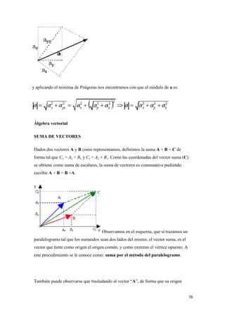76
y aplicando el teorema de Pitágoras nos encontramos con que el módulo de a es:
Álgebra vectorial
SUMA DE VECTORES
Dados dos vectores A y B como representamos, definimos la suma A + B = C de
forma tal que Cx = Ax + Bx y Cy = Ay + By. Como las coordenadas del vector suma (C)
se obtiene como suma de escalares, la suma de vectores es conmutativa pudiendo
escribir A + B = B +A.
Observamos en el esquema, que si trazamos un
paralelogramo tal que los sumandos sean dos lados del mismo, el vector suma, es el
vector que tiene como origen el origen común, y como extremo el vértice opuesto. A
este procedimiento se le conoce como: suma por el método del paralelogramo.
También puede observarse que trasladando al vector “A”, de forma que su origen
 