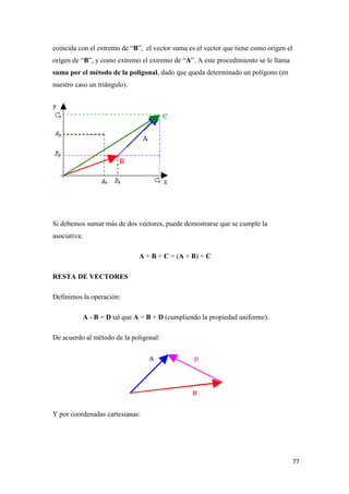 77
coincida con el extremo de “B”, el vector suma es el vector que tiene como origen el
origen de “B”, y como extremo el extremo de “A”. A este procedimiento se le llama
suma por el método de la poligonal, dado que queda determinado un polígono (en
nuestro caso un triángulo).
Si debemos sumar más de dos vectores, puede demostrarse que se cumple la
asociativa:
A + B + C = (A + B) + C
RESTA DE VECTORES
Definimos la operación:
A - B = D tal que A = B + D (cumpliendo la propiedad uniforme).
De acuerdo al método de la poligonal:
Y por coordenadas cartesianas:
 