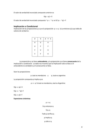 8
El valor de verdad del enunciado compuesto anterior es
V(p  q) = V
El valor de verdad del enunciado compuesto ~ p  ~ q es V(~p  ~q) = F
Implicación o Condicional
Implicación de las proposiciones p y q es la proposición p  q (si p entonces q) cuya tabla de
valores de verdad es:
p q p  q
V
V
F
F
V
F
V
F
V
F
V
V
La proposición p se llama antecedente, y la proposición q se llama consecuente de la
implicación o condicional. La tabla nos muestra que la implicación sólo es falsa si el
antecedente es verdadero y el consecuente es falso.
Sean las proposiciones
p: José es mendocino y q: José es argentino
La proposición compuesta p implica q es
p  q: Si José es mendocino, José es Argentino
V(p  q)= V
V(p  ~q)= F
V(q  p)= F
Expresiones sinónimas
p  q
Si p entonces q
Si p, q
Todo p verifica q
p implica q
p sólo si q
 