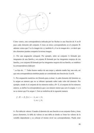 85
Como vemos, esta correspondencia indicada por las flechas es una función de A en B
pues cada elemento del conjunto A tiene un único correspondiente en el conjunto B.
además vemos que 2 es la imagen de a y también b y 4 es la imagen de c. es decir que
dos elementos pueden compartir la misma imagen.
2.- Por una asignación coloquial. Por ejemplo, entre un conjunto A formado por
integrantes de una familia y un cojunto B formado por las integrantes mujeres de esa
familia, y un conjunto B formado por las integrantes mujeres de esa familia, se establece
la correspondencia dada por:
“..es hijo de…”. Todos hemos nadico de una mujer y además madre hay una sola, así
que esta correspondencia también puede ser considerada una función de A en B.
3.- Por asignación numérica sin fórmula para evaluar: A cada elemento del dominio se
le asigna un número que no se obtiene operando sobre cada valor del dominio. Por
ejemplo, siendo A el conjunto de los números reales y B= Z, el conjunto de los números
enteros, se define la correspondencia que a un número menor que cero le asigna -1 y si
no es menor que 0 le asigna 1. Esto se simboliza de la siguiente manera:
4.- Por tabla de valores: Cuando el dominio de una función es un conjunto finito y tiene
pocos elementos, la tabla de valores es una tabla en donde se listan los valores de la
variable dependiente y se colocan al mismo nivel sus correspondientes. Puede estar
 