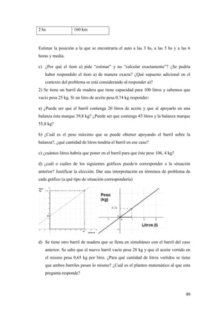 89
2 hs 160 km
Estimar la posición a la que se encontraría el auto a las 3 hs, a las 5 hs y a las 6
horas y media.
c) ¿Por qué el ítem a) pide “estimar” y no “calcular exactamente”? ¿Se podría
haber respondido el ítem a) de manera exacta? ¿Qué supuesto adicional en el
contexto del problema se está considerando al responder a)?
2) Se tiene un barril de madera que tiene capacidad para 100 litros y sabemos que
vacío pesa 25 kg. Si un litro de aceite pesa 0,74 kg responder:
a) ¿Puede ser que el barril contenga 20 litros de aceite y que al apoyarlo en una
balanza ésta marque 39,8 kg? ¿Puede ser que contenga 43 litros y la balanza marque
55,8 kg?
b) ¿Cuál es el peso máximo que se puede obtener apoyando el barril sobre la
balanza?, ¿qué cantidad de litros tendría el barril en ese caso?
c) ¿cuántos litros habría que poner en el barril para que éste pese 106, 4 kg?
d) ¿cuál o cuáles de los siguientes gráficos puede/n corresponder a la situación
anterior? Justificar la elección. Dar una interpretación en términos de problema de
cada gráfico (a qué tipo de situación correspondería)
d) Se tiene otro barril de madera que se llena en simultáneo con el barril del caso
anterior. Se sabe que el nuevo barril vacío pesa 28 kg y que el aceite vertido en
el mismo pesa 0,65 kg por litro. ¿Para qué cantidad de litros vertidos se tiene
que ambos barriles pesan lo mismo? ¿Cuál es el planteo matemático al que esta
pregunta responde?
 