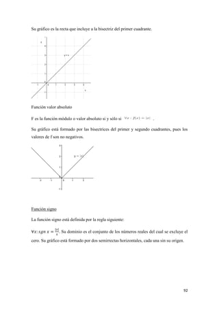 92
Su gráfico es la recta que incluye a la bisectriz del primer cuadrante.
Función valor absoluto
F es la función módulo o valor absoluto si y sólo si .
Su gráfico está formado por las bisectrices del primer y segundo cuadrantes, pues los
valores de f son no negativos.
Función signo
La función signo está definida por la regla siguiente:
. Su dominio es el conjunto de los números reales del cual se excluye el
cero. Su gráfico está formado por dos semirrectas horizontales, cada una sin su origen.
 