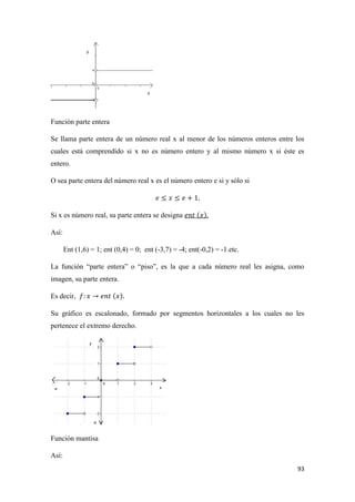 93
Función parte entera
Se llama parte entera de un número real x al menor de los números enteros entre los
cuales está comprendido si x no es número entero y al mismo número x si éste es
entero.
O sea parte entera del número real x es el número entero e si y sólo si
Si x es número real, su parte entera se designa
Así:
Ent (1,6) = 1; ent (0,4) = 0; ent (-3,7) = -4; ent(-0,2) = -1.etc.
La función “parte entera” o “piso”, es la que a cada número real les asigna, como
imagen, su parte entera.
Es decir,
Su gráfico es escalonado, formado por segmentos horizontales a los cuales no les
pertenece el extremo derecho.
Función mantisa
Así:
 