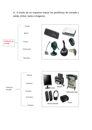 4.- A través de un esquema indicar los periféricos de entrada y
salida. Utilice texto e imágenes.
Periféricos de
entrada
Teclado
Mouse
Escaner
Cámara wed
Microfono
Periféricos
de salida
Monitor
Auriculares
Parlantes
Impresora
Proyector
 