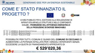 Autore - Affiliazione
Titolo relazione
Autore - Affiliazione
COME E’ STATO FINANZIATO IL
PROGETTO ?
POSSIBILITA’ PER TUTTI I COMUNI E QUINDI DEL COMUNE DI CECCANO DI
AUMENTARE LA POTENZA ISTALLATA PER I SINGOLI INTERVENTI SENZA
ECCEDERE LA QUOTA DI FINANZIAMENTO APPROVATO DI
€ 529’020,36
 