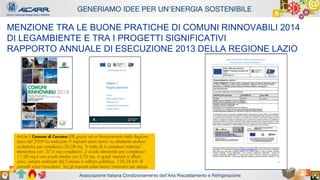 Autore - Affiliazione
Titolo relazione
Autore - Affiliazione
MENZIONE TRA LE BUONE PRATICHE DI COMUNI RINNOVABILI 2014
DI LEGAMBIENTE E TRA I PROGETTI SIGNIFICATIVI
RAPPORTO ANNUALE DI ESECUZIONE 2013 DELLA REGIONE LAZIO
 