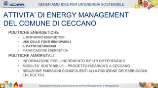 Autore - Affiliazione
Titolo relazione
Autore - Affiliazione
ATTIVITA’ DI ENERGY MANAGEMENT
DEL COMUNE DI CECCANO
POLITICHE ENERGETICHE
• IL RISPARMIO ENERGETICO
• USO DELLE FONTI RINNOVABILI
• IL PATTO DEI SINDACI
• PIANIFICAZIONE ENERGETICA
POLITICHE AMBIENTALI
• INFORMAZIONE PER L’INCREMENTO RIFIUTI DIFFERENZIATI
• MOBILITA’ SOSTENIBILE – PROGETTO RICARICATI A CECCANO
• RIDUZIONE EMISSIONI CONSEGUENTI ALLA RIDUZIONE DEI FABBISOGNI
ENERGETICI
 