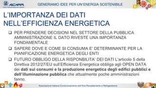 Autore - Affiliazione
Titolo relazione
Autore - Affiliazione
L’IMPORTANZA DEI DATI
NELL’EFFICIENZA ENERGETICA
 PER PRENDERE DECISIONI NEL SETTORE DELLA PUBBLICA
AMMINISTRAZIONE IL DATO RIVESTE UNA IMPORTANZA
FONDAMENTALE
 SAPERE DOVE E COME SI CONSUMA E’ DETERMINANTE PER LA
PIANIFICAZIONE ENERGETICA DEGLI ENTI
 FUTURO OBBLIGO DELLA RISPONBILITA’ DEI DATI L’articolo 5 della
Direttiva 2012/27/EU sull’Efficienza Energetica obbliga agli OPEN DATA
dei dati sui consumi e la produzione energetica degli edifici pubblici e
dell’illuminazione pubblica che attualmente poche amministrazioni
fanno.
 