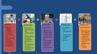 PASO 21
•Algunas
tarjetas
madres
tienen un
conector
secundario
de
alimentación
que es
necesario
enchufarlo
en el lugar
apropiado.
PASO 22
•Buscar 2
conectores
de
alimentació
n
adecuados
para las
unidades
de Disco y
lo
enchufamo
s, hacer
presión si lo
requiere.
PASO 23
•Conectar
los
elementos
externos del
computado
r, como son
el interruptor
de
encendido,
el pulsador
de reset y
las luces
indicadoras.
PASO 24
• Localizar
los
conectore
s
apropiado
s, suelen
estar
juntos.
PASO 25
• Buscamos
y
separamos
los cables
necesarios
, algunos
vienen en
conectore
s de un
cable, de
2 y 3
cables.
 