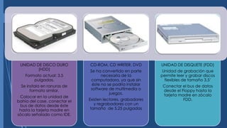 UNIDAD DE DISCO DURO
(HDD)
Formato actual: 3.5
pulgadas.
Se instala en ranuras de
formato similar.
Colocar en la unidad de
bahía del case, conectar el
bus de datos desde éste
hasta la tarjeta madre en
sócalo señalado como IDE.
CD-ROM, CD WRITER, DVD
Se ha convertido en parte
necesaria de la
computadora, ya que sin
éste no se podría instalar
software de multimedia o
juegos.
Existen lectores, grabadores
y regrabadores con un
tamaño de 5,25 pulgadas
UNIDAD DE DISQUETE (FDD)
Unidad de grabación que
permite leer y grabar discos
flexibles de tamaño 3,5’
Conectar el bus de datos
desde el Floppy hasta la
tarjeta madre en zócalo
FDD.
 