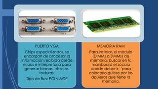 PUERTO VGA
Chips especializados, se
encargan de procesar la
información recibida desde
el bus e interpretarla para
generar formas, efectos,
texturas.
Tipo de Bus: PCI y AGP
MEMORIA RAM
Para instalar, el módulo
(DIMMs o SIMMs) de
memoria, buscar en la
mainboard el zócalo
donde deber ir, ´para
colocarlo guíese por los
agujeros que tiene la
memoria.
 