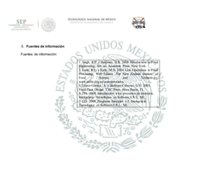 TECNOLÓGICO NACIONAL DE MÉXICO
INSTITUTO TECNOLÓGICO DE OAXACA
5. Fuentes de información
Fuentes de información:
1. Singh, R.P. y Heldman, D.R. 2008. Introduction to Food
Engineering, 4th. ed. Academic Press. New York.
2. Earle, R.L. y Earle, M.D. 2004. Unit Operations in Food
Processing, Web Edition. The New Zealand Institute of
Food Science and Technology.
www.nzifst.org.nz/unitoperations.
3. López-Gómez, A. y Barbosa-Cánovas, G.V. 2005.
Food Plant Design. CRC Press. Boca Ratón, FL.
4, ITS. 2008. Introducción a los proyectos de inversión.
Inteligencia Tecnológica en Software,S.R.L. Mi.
5. ITS. 2008. Programa Intecplan v.3. Inteligencia
Tecnológica en Software,S.R.L. Mi.
 