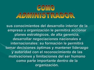 sus conocimientos del desarrollo interior de la empresa u organización le permitirá accionar planes estratégicos, de alta gerencia, desarrollar negociaciones nacionales e internacionales: su formación le permitirá tomar decisiones óptimas y mantener liderazgo y autoridad con el reconocimiento de las motivaciones y limitaciones del ser humano como parte importante dentro de la organización. COMO ADMINISTRADOR 