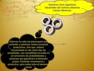 Nosotros como ingenieros
                                     industriales del mañana debemos
                                             marcar diferencia.




  Ademas no solo me preocuparía por
 controlar y optimizar ciertos procesos
      productivos, sino que estaría
    concentrada en dar cierto tipo de
versatilidad, una versatilidad envuelta en
   un sinnúmero de probabilidades y
  opciones que garanticen el bienestar
     propio, bienestar empresarial y
productivo, pero sobre todo el bienestar
                  social
 