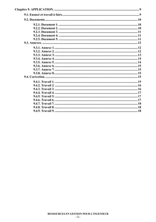 RESSOURCES EN GESTION POUR L’INGENIEUR
- 2 -
Chapitre 9. APPLICATION. ............................................................................................................9
9.1. Enoncé et travail à faire..................................................................................................9
9.2. Documents......................................................................................................................10
9.2.1. Document 1. ....................................................................................................10
9.2.2. Document 2. ....................................................................................................10
9.2.3. Document 3. ....................................................................................................11
9.2.4. Document 4. ....................................................................................................11
9.2.5. Document 5. ....................................................................................................11
9.3. Annexes. .........................................................................................................................12
9.3.1. Annexe 1. .........................................................................................................12
9.3.2. Annexe 2. .........................................................................................................12
9.3.3. Annexe 3. .........................................................................................................13
9.3.4. Annexe 4. .........................................................................................................14
9.3.5. Annexe 5. .........................................................................................................14
9.3.6. Annexe 6. .........................................................................................................15
9.3.7. Annexe 7. .........................................................................................................15
9.3.8. Annexe 8. .........................................................................................................15
9.4. Correction. .....................................................................................................................15
9.4.1. Travail 1. .........................................................................................................15
9.4.2. Travail 2. .........................................................................................................16
9.4.3. Travail 3. .........................................................................................................16
9.4.4. Travail 4. .........................................................................................................17
9.4.5. Travail 5. .........................................................................................................17
9.4.6. Travail 6. .........................................................................................................17
9.4.7. Travail 7. .........................................................................................................18
9.4.8. Travail 8. .........................................................................................................18
9.4.9. Travail 9. .........................................................................................................18
 