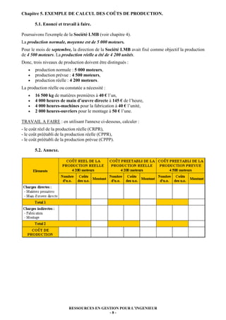 Chapitre 5. EXEMPLE DE CALCUL DES COÛTS DE PRODUCTION.

       5.1. Enoncé et travail à faire.

Poursuivons l'exemple de la Société LMB (voir chapitre 4).
La production normale, moyenne est de 5 000 moteurs.
Pour le mois de septembre, la direction de la Société LMB avait fixé comme objectif la production
de 4 500 moteurs. La production réelle a été de 4 200 unités.
Donc, trois niveaux de production doivent être distingués :
   •   production normale : 5 000 moteurs,
   •   production prévue : 4 500 moteurs,
   •   production réelle : 4 200 moteurs.
La production réelle ou constatée a nécessité :
   •   16 500 kg de matières premières à 40 € l’un,
   •   4 000 heures de main d’œuvre directe à 145 € de l’heure,
   •   4 000 heures-machines pour la fabrication à 40 € l’unité,
   •   2 000 heures-ouvriers pour le montage à 50 € l’une.

TRAVAIL A FAIRE : en utilisant l'annexe ci-dessous, calculer :
- le coût réel de la production réelle (CRPR),
- le coût préétabli de la production réelle (CPPR),
- le coût préétabli de la production prévue (CPPP).

       5.2. Annexe.




                          RESSOURCES EN GESTION POUR L’INGENIEUR
                                           -8-
 