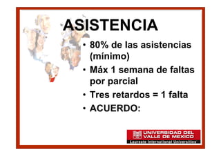 ASISTENCIA
  • 80% de las asistencias
    (mínimo)
  • Máx 1 semana de faltas
    por parcial
  • Tres retardos = 1 falta
  • ACUERDO:
 