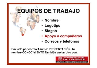 EQUIPOS DE TRABAJO
                   •   Nombre
                   •   Logotipo
                   •   Slogan
                   •   Apoyo a compañeros
                   •   Correos y teléfonos

Enviarlo por correo Asunto: PRESENTACIÓN tu
nombre CONOCIMIENTO También enviar otro con:
 