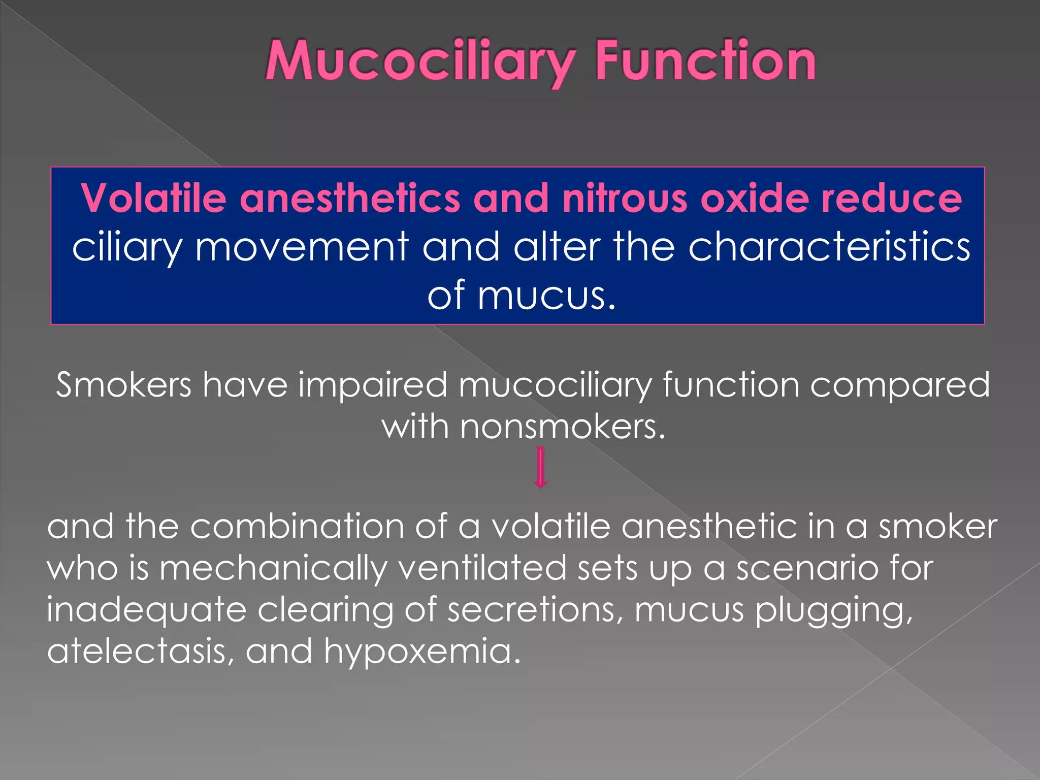 Smokers have impaired mucociliary function compared
with nonsmokers.
and the combination of a volatile anesthetic in a smoker
who is mechanically ventilated sets up a scenario for
inadequate clearing of secretions, mucus plugging,
atelectasis, and hypoxemia.
Volatile anesthetics and nitrous oxide reduce
ciliary movement and alter the characteristics
of mucus.
 