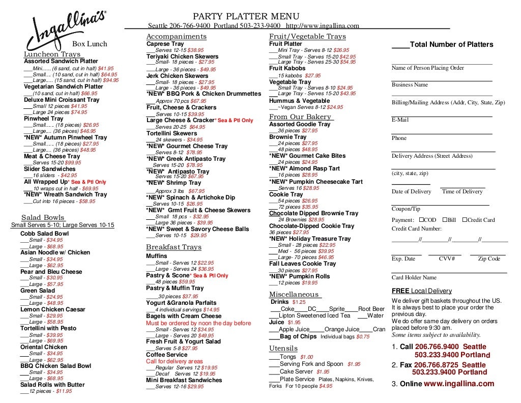 Ingallina's box lunch holiday special party platter menu