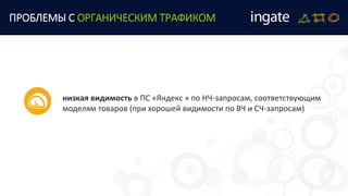 низкая видимость в ПС «Яндекс » по НЧ-запросам, соответствующим
моделям товаров (при хорошей видимости по ВЧ и СЧ-запросам)
ПРОБЛЕМЫ С ОРГАНИЧЕСКИМ ТРАФИКОМ
 