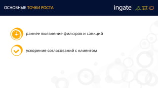 ускорение согласований с клиентом
раннее выявление фильтров и санкций
ОСНОВНЫЕ ТОЧКИ РОСТА
 