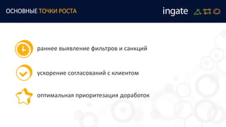 оптимальная приоритезация доработок
ОСНОВНЫЕ ТОЧКИ РОСТА
ускорение согласований с клиентом
раннее выявление фильтров и санкций
 