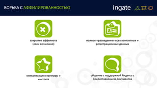БОРЬБА С АФФИЛИРОВАННОСТЬЮ
закрытие аффилиата
(если возможно)
полное «разведение» всех контактных и
регистрационных данных
уникализация структуры и
контента
общение с поддержкой Яндекса с
предоставлением документов
 