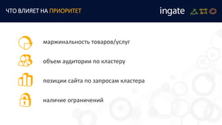 маржинальность товаров/услуг
объем аудитории по кластеру
позиции сайта по запросам кластера
наличие ограничений
ЧТО ВЛИЯЕТ НА ПРИОРИТЕТ
 