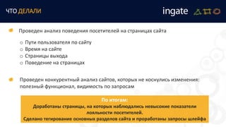 o Пути пользователя по сайту
o Время на сайте
o Страницы выхода
o Поведение на страницах
ЧТО ДЕЛАЛИ
Проведен анализ поведения посетителей на страницах сайта
Проведен конкурентный анализ сайтов, которых не коснулись изменения:
полезный функционал, видимость по запросам
По итогам:
Доработаны страницы, на которых наблюдались невысокие показатели
лояльности посетителей.
Сделано тегирование основных разделов сайта и проработаны запросы шлейфа
 