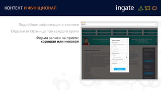КОНТЕНТ И ФУНКЦИОНАЛ
Подробная информация о клинике
Отдельная страница про каждого врача
Форма записи на прием:
хорошая или никакая
 