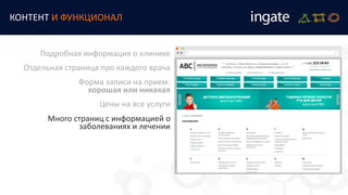 КОНТЕНТ И ФУНКЦИОНАЛ
Подробная информация о клинике
Отдельная страница про каждого врача
Форма записи на прием:
хорошая или никакая
Цены на все услуги
Много страниц с информацией о
заболеваниях и лечении
 