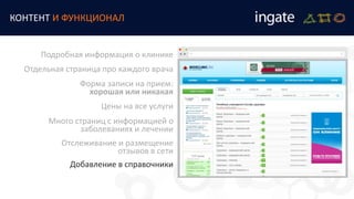 Подробная информация о клинике
Отдельная страница про каждого врача
Форма записи на прием:
хорошая или никакая
Цены на все услуги
Много страниц с информацией о
заболеваниях и лечении
Отслеживание и размещение
отзывов в сети
Добавление в справочники
КОНТЕНТ И ФУНКЦИОНАЛ
 