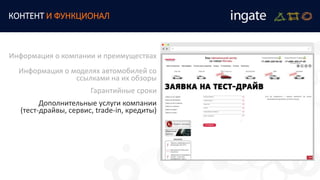 КОНТЕНТ И ФУНКЦИОНАЛ
Информация о компании и преимуществах
Информация о моделях автомобилей со
ссылками на их обзоры
Гарантийные сроки
Дополнительные услуги компании
(тест-драйвы, сервис, trade-in, кредиты)
 