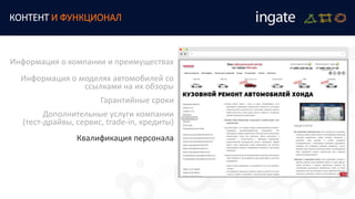 КОНТЕНТ И ФУНКЦИОНАЛ
Информация о компании и преимуществах
Информация о моделях автомобилей со
ссылками на их обзоры
Гарантийные сроки
Дополнительные услуги компании
(тест-драйвы, сервис, trade-in, кредиты)
Квалификация персонала
 
