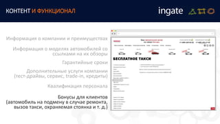 КОНТЕНТ И ФУНКЦИОНАЛ
Информация о компании и преимуществах
Информация о моделях автомобилей со
ссылками на их обзоры
Гарантийные сроки
Дополнительные услуги компании
(тест-драйвы, сервис, trade-in, кредиты)
Квалификация персонала
Бонусы для клиентов
(автомобиль на подмену в случае ремонта,
вызов такси, охраняемая стоянка и т. д.)
 