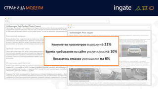 СТРАНИЦА МОДЕЛИ
Количество просмотров выросло на 21%
Время пребывания на сайте увеличилось на 10%
Показатель отказов уменьшился на 6%
 