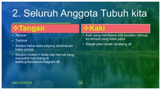 15ADD A FOOTER
2. Seluruh Anggota Tubuh kita
Tangan
• Tampar
• Tumbuk
• Secara halus suka pegang perempuan
kalau jumpa
• Secara moden = Suka taip hal-hal yang
menyakiti hati orang di
wattsup/facebook/intagram dll
Kaki
• Kaki yang membawa kita berjalan menuju
ke tempat yang tidak patut
• Sepak isteri /anak/ binatang dll
 
