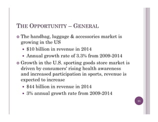 THE OPPORTUNITY – GENERAL
!  The handbag, luggage & accessories market is
growing in the US
!  $10 billion in revenue in 2014
!  Annual growth rate of 3.3% from 2009-2014
!  Growth in the U.S. sporting goods store market is
driven by consumers' rising health awareness
and increased participation in sports, revenue is
expected to increase
!  $44 billion in revenue in 2014
!  3% annual growth rate from 2009-2014
11
 