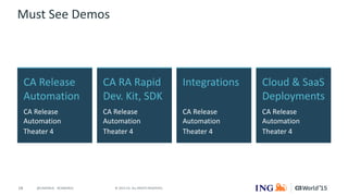 18 © 2015 CA. ALL RIGHTS RESERVED.@CAWORLD #CAWORLD
Must See Demos
CA Release
Automation
CA Release
Automation
Theater 4
Cloud & SaaS
Deployments
CA Release
Automation
Theater 4
CA RA Rapid
Dev. Kit, SDK
CA Release
Automation
Theater 4
Integrations
CA Release
Automation
Theater 4
 