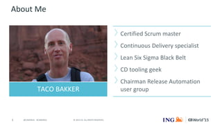 3 © 2015 CA. ALL RIGHTS RESERVED.@CAWORLD #CAWORLD
About Me
Certified Scrum master
Continuous Delivery specialist
Lean Six Sigma Black Belt
CD tooling geek
Chairman Release Automation
user groupTACO BAKKER
 