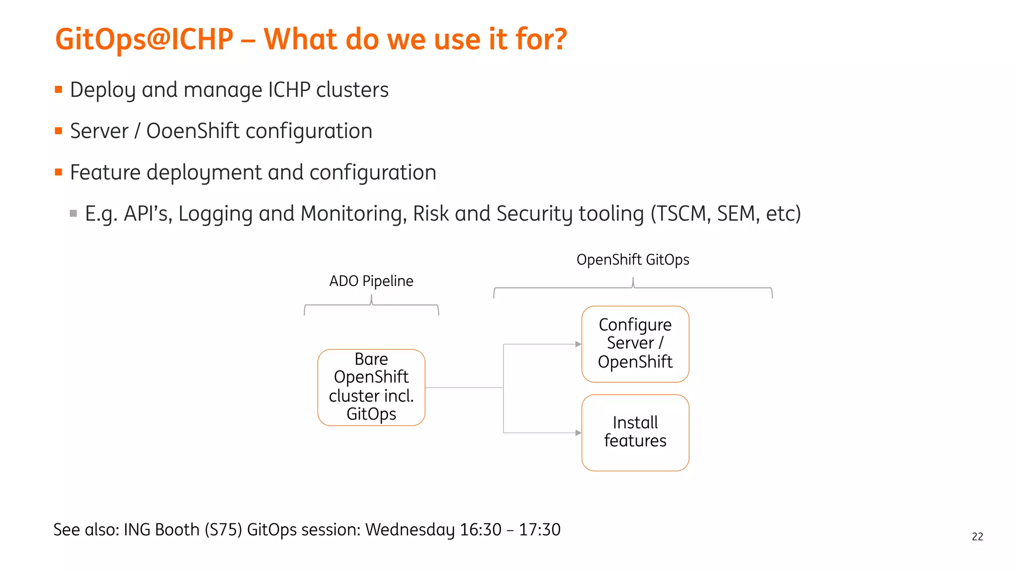 22
GitOps@ICHP – What do we use it for?
Deploy and manage ICHP clusters
Server / OoenShift configuration
Feature deployment and configuration
E.g. API’s, Logging and Monitoring, Risk and Security tooling (TSCM, SEM, etc)
Bare
OpenShift
cluster incl.
GitOps
Configure
Server /
OpenShift
ADO Pipeline
Install
features
OpenShift GitOps
See also: ING Booth (S75) GitOps session: Wednesday 16:30 – 17:30
 