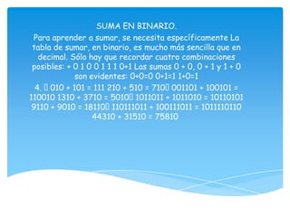 SUMA EN BINARIO.
 Para aprender a sumar, se necesita específicamente La
 tabla de sumar, en binario, es mucho más sencilla que en
   decimal. Sólo hay que recordar cuatro combinaciones
 posibles: + 0 1 0 0 1 1 1 0+1 Las sumas 0 + 0, 0 + 1 y 1 + 0
             son evidentes: 0+0=0 0+1=1 1+0=1
  4. 010 + 101 = 111 210 + 510 = 710  001101 + 100101 =
110010 1310 + 3710 = 50101011011 + 1011010 = 10110101
 9110 + 9010 = 18110110111011 + 100111011 = 1011110110
                  44310 + 31510 = 75810
 
