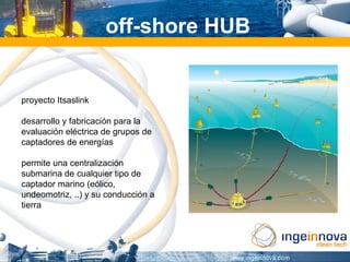 off-shore HUB


proyecto Itsaslink

desarrollo y fabricación para la
evaluación eléctrica de grupos de
captadores de energías

permite una centralización
submarina de cualquier tipo de
captador marino (eólico,
undeomotriz, ..) y su conducción a
tierra
 