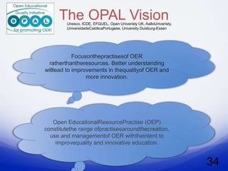 The OPAL Vision
        Unesco, ICDE, EFQUEL, Open Univeristy UK, AaltoUniveristy,
        UniversidadeCatólicaPortugese, University Duisburg-Essen




            Focusonthepractisesof OER
  ratherthantheresources. Better understanding
willlead to improvements in thequalityof OER and
                 more innovation.




   Open EducationalResourcePractise (OEP)
constitutethe range ofpractisesaroundthecreation,
  use and managementof OER withtheintent to
    improvequality and innovative education.


                                                                     34
 