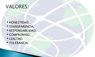 • HONESTIDAD .
• TRANSPARENCIA.
• RESPONSABILIDAD.
• COMPROMISO.
• LEALTAD.
• TOLERANCIA.
 