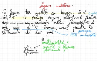 Legame metallico ↑
Seforma tra metalli can basson A di C negatività
di voluta allontanati
facilmente
dogli atomi
quando diventano
ioni portando
vengano
alla
formazione di
una
unbe die-liberon ,
che permette lo
slittament
di due pian garantisca
Alta conducibilità
↓ 1
malleabilità e
&
glie/ capacità di
deformossi
varmo a
plasticamente
Esposizionarsi
 