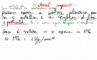 costituti da Materiali
Sono materiali can caratteristiche averse
compositi :
most
possono esser a - zic polimerica,
orau
-
ca o metallica,
e a d
inforzo di
fiba
-
&
particelle.
Poi ci sono
agenti accoppianti e
diempitivi
-
Carico dirottura -
> Si
esprime in MPa.
-to
MPa =
1
Vog/mme
 